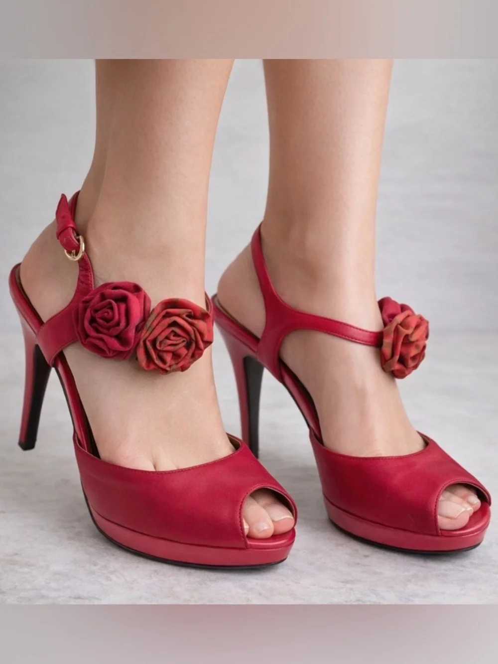 Coach Addysen Red Leather & Silk Rosette Heeled Peep Toe Shoes, Size 9.5B (Med)